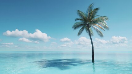 A Single Palm Tree Emerging from the Ocean Under a Blue Sky