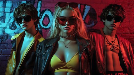 Youth standing confidently against pop culture-inspired backgrounds, retro movie posters and iconic comic book art, vibrant colors and modern fashion styles,