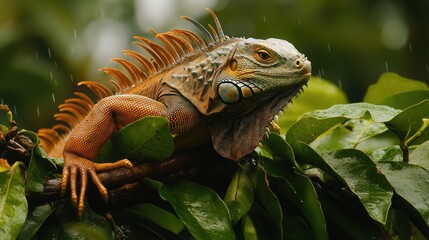 Obraz premium A green iguana with orange and blue scales perched on a branch in a rainforest during a rainstorm.