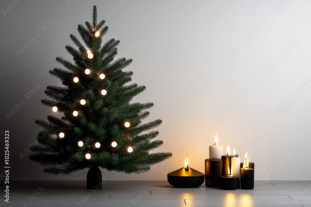 Poster simple pine tree with just a few white lights, set against a clean, white background, creating a cal