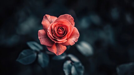 Beautiful Red Rose Blooming in Dark Background