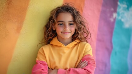Fototapeta premium Youth wearing vibrant, colorful attire against rainbow-themed vintage backdrops, arms crossed, smiling confidently. Soft lighting highlights the bright colors and retro textures, creating a playful,