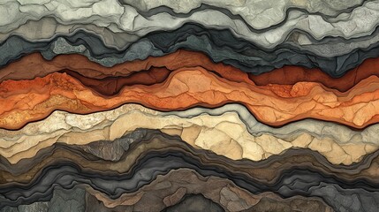 2410_048.detailed view of soil horizons, curved sedimentary layers, warm terracotta and cool slate hues, varied soil textures from smooth to grainy, natural abstract patterns, earth crust
