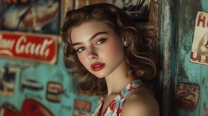 Youthful individuals posing against vintage-style advertisements, confident expressions and relaxed poses, retro graphics with modern fashion,
