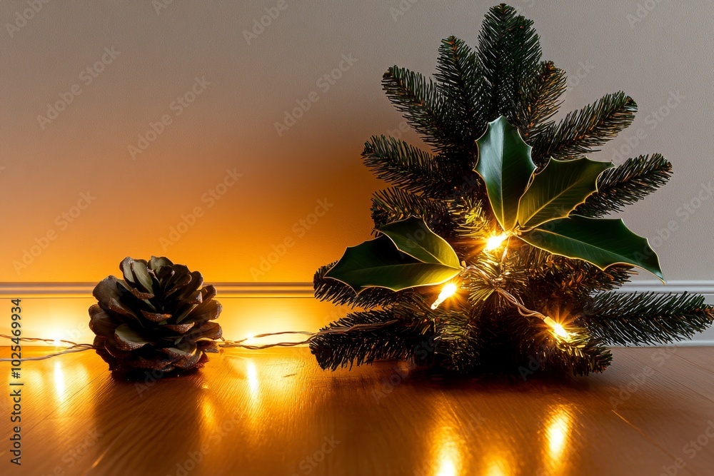 Poster simple pine tree with just a few white lights, set against a clean, white background, creating a cal