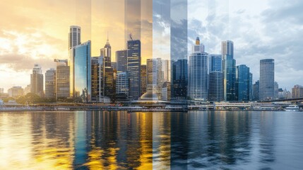 Fototapeta premium Modern Urban Skyline at Sunset and Sunrise