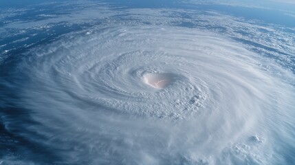 Aerial view of a powerful hurricane swirling over the ocean, dramatic natural phenomenon.