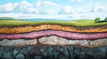 2410_016.cross-section of soil layers, vibrant grass on top, exposed root system, rural landscape backdrop, agricultural education imagery