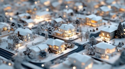 Aerial view of a snowy neighborhood with illuminated houses at night.