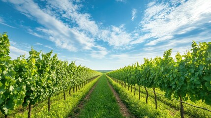Naklejka premium Serene Vineyard Under Blue Sky with Wispy Clouds