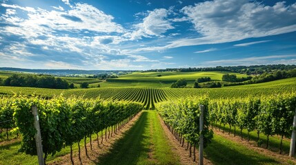 Fototapeta premium Lush Vineyard Landscape Under Blue Sky