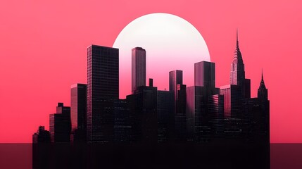 Silhouette of a modern city skyline against a vibrant pink sunset.