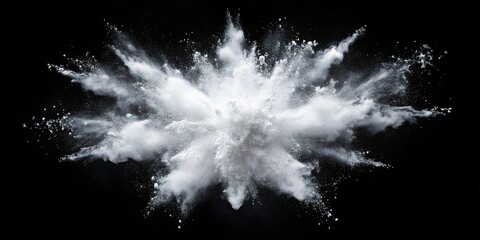 Minimalist closeup of abstract white powder explosion on backdrop
