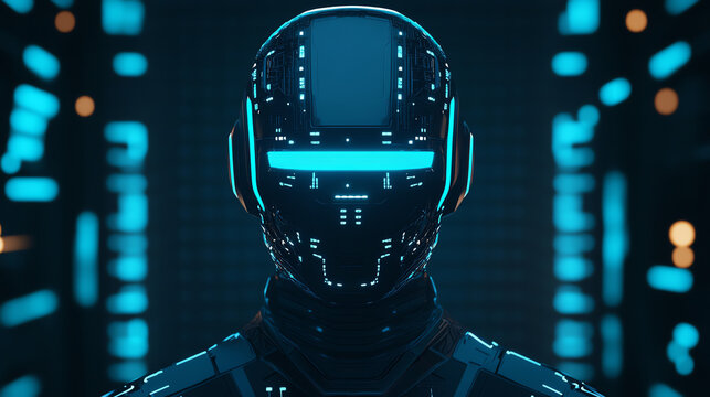 Futuristic robot head with glowing blue lights, set against a dark, high-tech background. Perfect for themes related to AI and robotics.