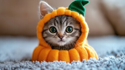 Adorable cat in a funny Halloween pumpkin costume, showcasing creative pet fashion with a whimsical and humorous touch. Perfect for holiday festive season greeting cards, comic humor concepts