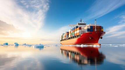 Fototapeta premium Cargo ship sailing through serene waters under a bright sky.