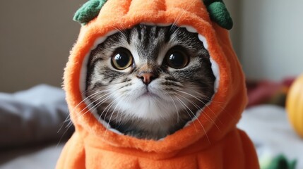Adorable cat in a funny Halloween pumpkin costume, showcasing creative pet fashion with a whimsical and humorous touch. Perfect for holiday festive season greeting cards, comic humor concepts