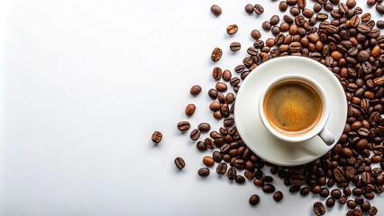 Minimalist coffee cup with scattered espresso beans on white background