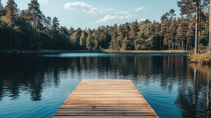 Obraz premium Calm Lake View with Wooden Dock Surrounded by Trees
