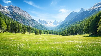 Obraz premium Serene Mountain Landscape with Lush Green Meadow