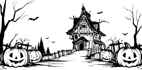 Halloween spooky art outline of old mansion for colouring purposes and greetings	