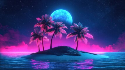 Tropical Island at Night with Neon Colors