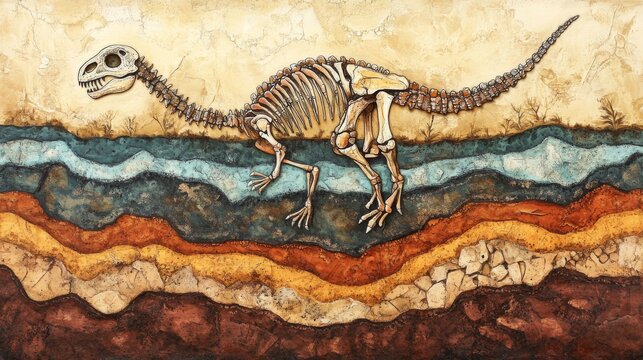 2410_038.whimsical depiction of subterranean fossil record, layered soil composition, dinosaur skeleton outlines, vibrant earthy color palette