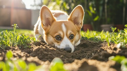 Fototapeta premium 2410_056.playful corgi digging hole, lush green grass surroundings, sunlit outdoor scene, sandy soil, close-up pet photography, candid animal behavior, summer day ambiance, natural lighting