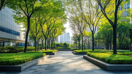 Fototapeta premium Lush Green Pathway in Urban Park Setting