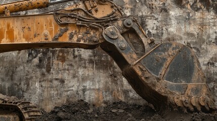 Fototapeta premium 2410_071.excavator bucket in action, digging soil, construction site backdrop, industrial machinery, worn metal textures, earthmoving equipment, close-up perspective, urban development, gritty