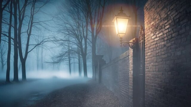 A single lantern illuminates a brick wall along a foggy path through trees.