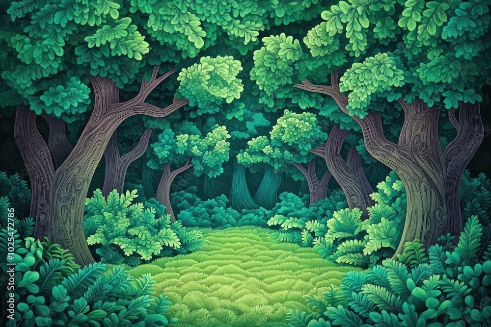 Poster lush evergreen laurel forest featuring moss and ferns in a rural park setting, dense green laurel fo