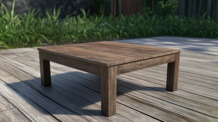 Fototapeta premium Wooden Table on Deck Surrounded by Greenery