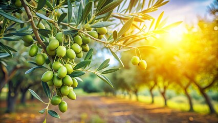 A branch laden with unripe olives, bathed in the golden glow of a late afternoon sun, amidst a tranquil grove of olive trees.