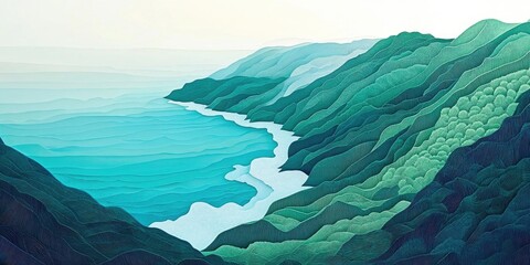 Vast ocean coastline merging with lush hills shrouded in morning fog, showcasing the beauty of unspoiled nature High-quality image