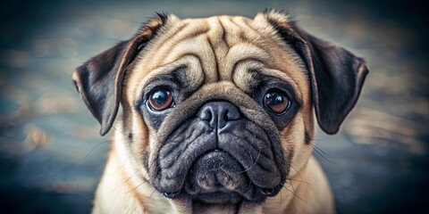 Obraz premium A Close-Up Portrait of a Pug with Big Brown Eyes and a Serious Expression, Captured in a Soft Focus and Warm Tones