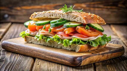 A freshly made sandwich, filled with succulent slices of tomato, cucumber, and leafy greens, rests on a wooden cutting board, promising a delicious and satisfying bite.