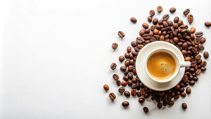 Minimalist cup of espresso with scattered coffee beans on white background reflected in this stock photo