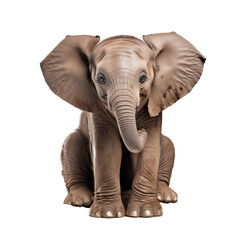 Fototapeta premium Baby Elephant Sitting In Dirt Pile Against A Transparent Background