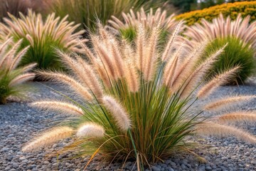 Obraz premium Minimalist desert xeriscaping with dense Fountain grass clumps