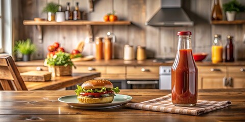 A rustic kitchen table setting with a juicy burger and a bottle of sauce, ready to be devoured.