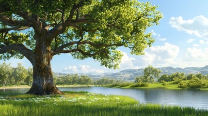Tranquil River Scene with a Majestic Oak Tree