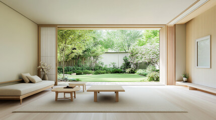 Fototapeta premium A panoramic view of spacious living room featuring minimalist design, large windows, and serene garden outside. natural light enhances tranquil atmosphere, creating perfect retreat
