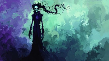 Eerie Skeletal Figure in Dark Misty Background