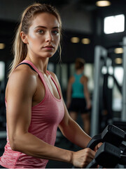 Fototapeta premium Young woman walking on treadmill in gym