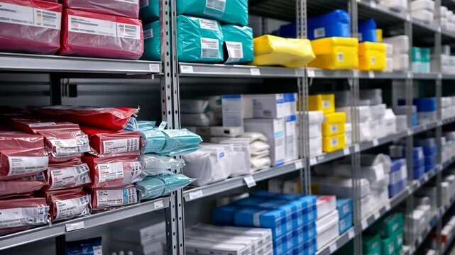 A well-stocked warehouse shelf filled with various medical supplies, including red, blue, green, and yellow boxes, in a sterile and organized setting