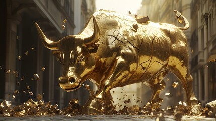 A once-majestic golden bull statue showing deep cracks and fragments breaking off, visually representing the end of a market rally and economic downturn 