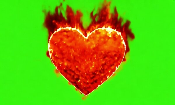 A 3D red heart shape igniting in flames, burning with vibrant red and orange fire, displayed against a green screen background