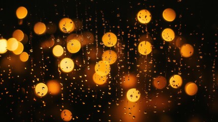Obraz premium Raindrops on a window pane at night, with a blurred background of warm yellow lights.