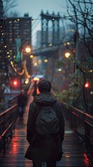 Fototapeta premium Silhouette of a Man Walking on a Bridge in a City at Night